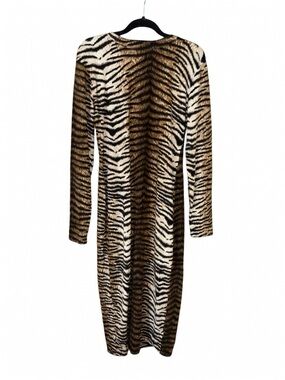 Source Unknown Tiger Print Long Sleeve Midi Dress - Brown, Black, White